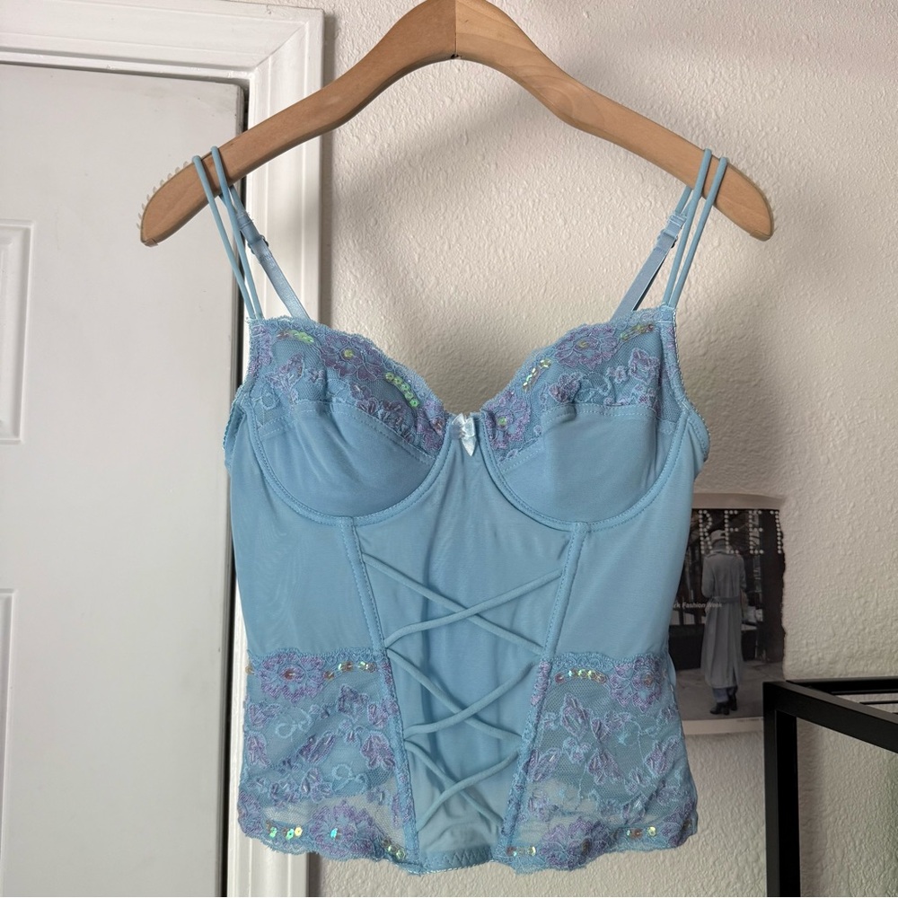 La Ahiposa Baby blue mesh lace floral embroidered y2k camo beaded lace up top